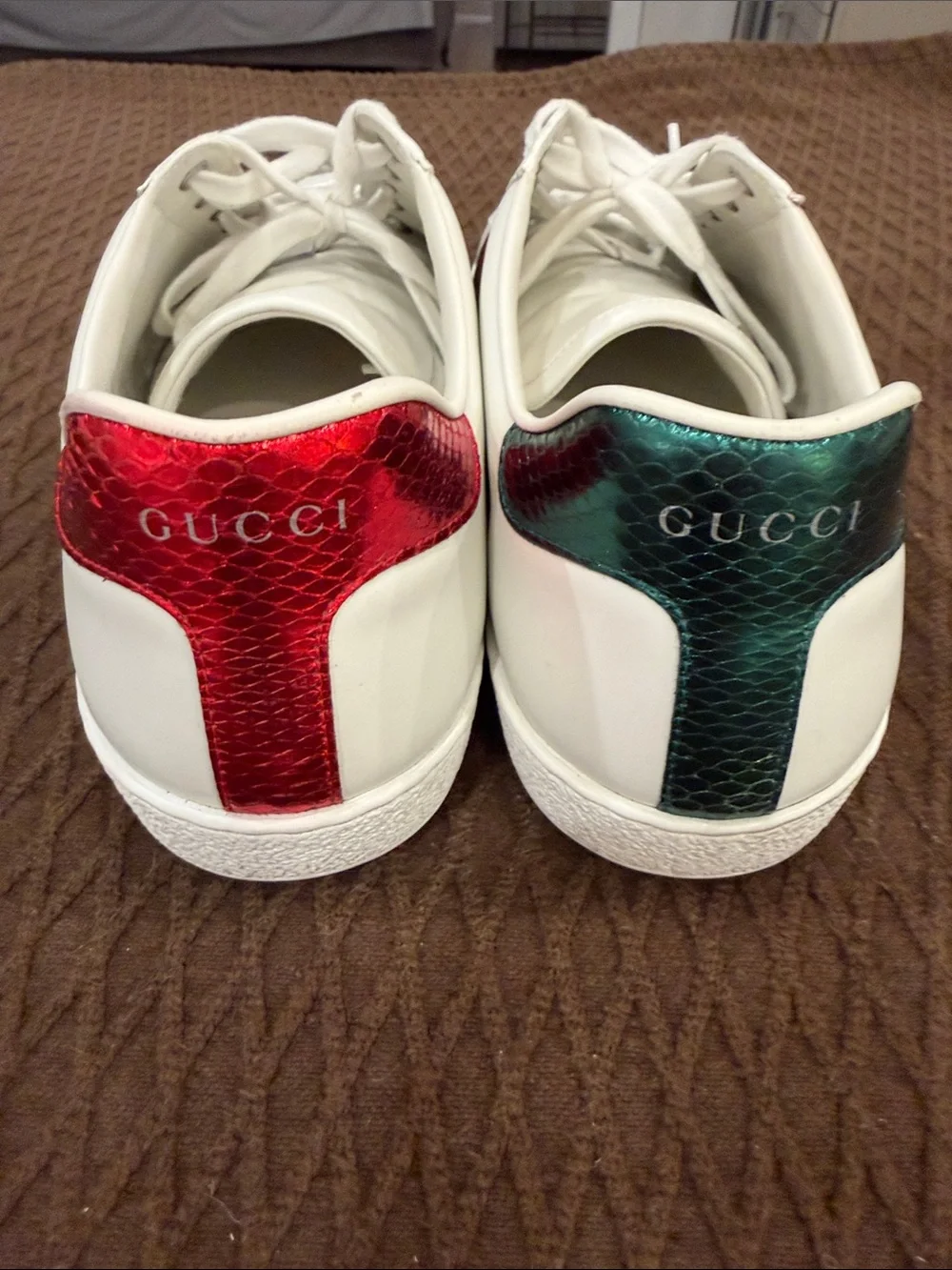 Gucci White Leather Ace Sneakers with Red & Green Web with embroidered bee.